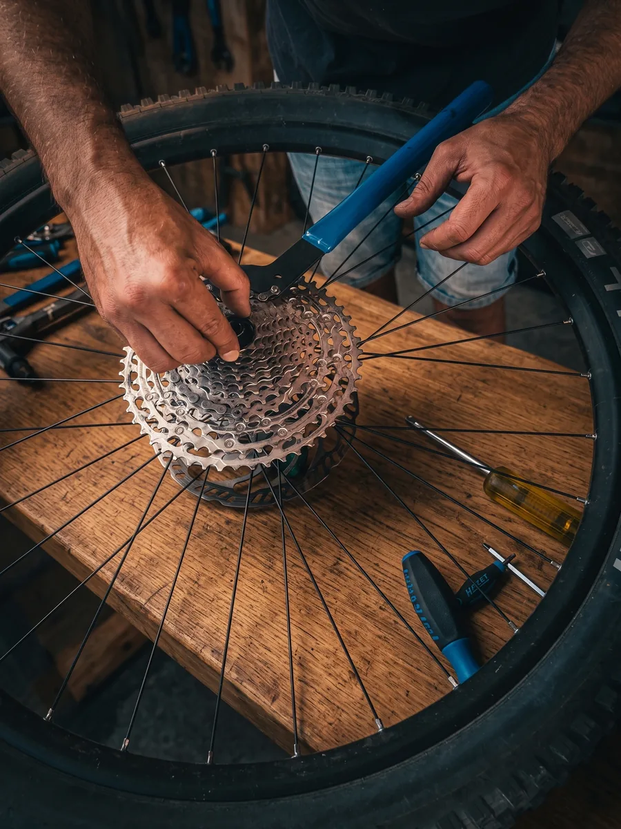 Kassette und Laufrad beim Einbau in der Active Bikes Werkstatt